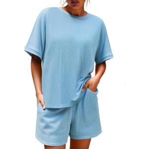 imageImily Bela Womens 2 Piece Outfits 2025 Oversized Summer Short Sets Casual Beach Ribbed Short Sleeve Matching SetLight Blue