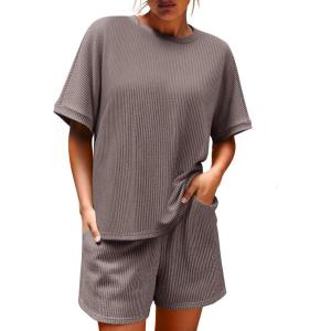 imageImily Bela Womens 2 Piece Outfits 2025 Oversized Summer Short Sets Casual Beach Ribbed Short Sleeve Matching SetLight Grey