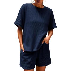 imageImily Bela Womens 2 Piece Outfits 2025 Oversized Summer Short Sets Casual Beach Ribbed Short Sleeve Matching SetNavy