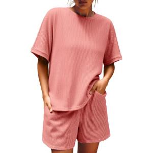 imageImily Bela Womens 2 Piece Outfits 2025 Oversized Summer Short Sets Casual Beach Ribbed Short Sleeve Matching SetOrange Red