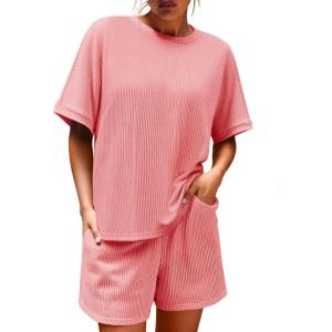 imageImily Bela Womens 2 Piece Outfits 2025 Oversized Summer Short Sets Casual Beach Ribbed Short Sleeve Matching SetPink