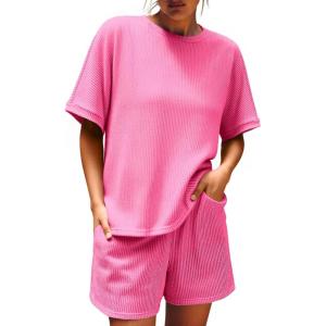 imageImily Bela Womens 2 Piece Outfits 2025 Oversized Summer Short Sets Casual Beach Ribbed Short Sleeve Matching SetRose Red