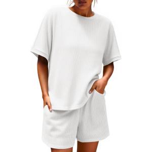 imageImily Bela Womens 2 Piece Outfits 2025 Oversized Summer Short Sets Casual Beach Ribbed Short Sleeve Matching SetWhite