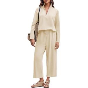 imageImily Bela Womens 2 Piece Outfits Sweatsuit Long Sleeve Lapel V Neck Shirt and Wide Leg Pants 2025 Fall Trendy TracksuitBeige