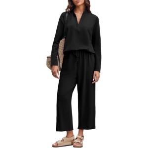 imageImily Bela Womens 2 Piece Outfits Sweatsuit Long Sleeve Lapel V Neck Shirt and Wide Leg Pants 2025 Fall Trendy TracksuitBlack
