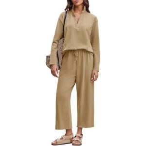 imageImily Bela Womens 2 Piece Outfits Sweatsuit Long Sleeve Lapel V Neck Shirt and Wide Leg Pants 2025 Fall Trendy TracksuitKhaki