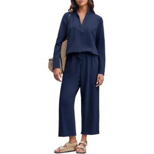 imageImily Bela Womens 2 Piece Outfits Sweatsuit Long Sleeve Lapel V Neck Shirt and Wide Leg Pants 2025 Fall Trendy TracksuitNavy