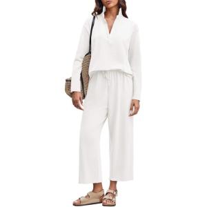 imageImily Bela Womens 2 Piece Outfits Sweatsuit Long Sleeve Lapel V Neck Shirt and Wide Leg Pants 2025 Fall Trendy TracksuitWhite