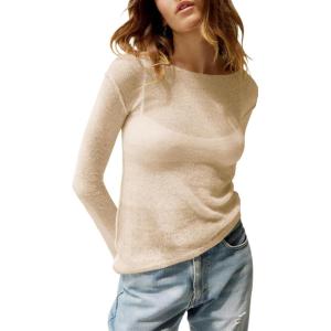 imageImily Bela Womens Boat Neck Shirts Long Sleeve Lightweight Knit Pullover Sweaters Casual Sheer Blouse TopsBeige