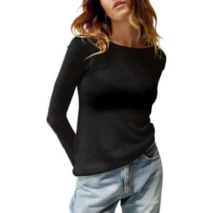 imageImily Bela Womens Boat Neck Shirts Long Sleeve Lightweight Knit Pullover Sweaters Casual Sheer Blouse TopsBlack