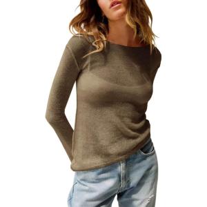 imageImily Bela Womens Boat Neck Shirts Long Sleeve Lightweight Knit Pullover Sweaters Casual Sheer Blouse TopsCoffee
