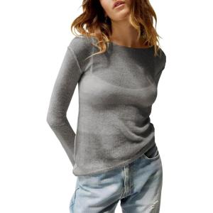 imageImily Bela Womens Boat Neck Shirts Long Sleeve Lightweight Knit Pullover Sweaters Casual Sheer Blouse TopsGrey