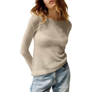 imageImily Bela Womens Boat Neck Shirts Long Sleeve Lightweight Knit Pullover Sweaters Casual Sheer Blouse TopsKhaki