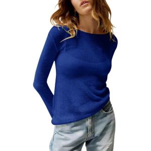 imageImily Bela Womens Boat Neck Shirts Long Sleeve Lightweight Knit Pullover Sweaters Casual Sheer Blouse TopsNavy