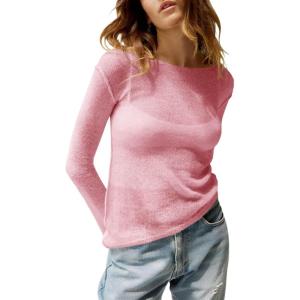 imageImily Bela Womens Boat Neck Shirts Long Sleeve Lightweight Knit Pullover Sweaters Casual Sheer Blouse TopsPink