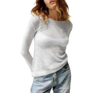 imageImily Bela Womens Boat Neck Shirts Long Sleeve Lightweight Knit Pullover Sweaters Casual Sheer Blouse TopsWhite