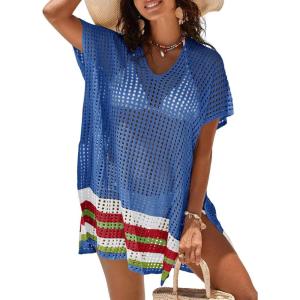 imageImily Bela Womens Crochet Swim Cover Up 2025 Swimsuits V Neck Swimwear Summer Bathing Suit Mesh Mini Dresses Beach ClothesBlue