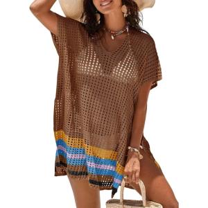 imageImily Bela Womens Crochet Swim Cover Up 2025 Swimsuits V Neck Swimwear Summer Bathing Suit Mesh Mini Dresses Beach ClothesBrown