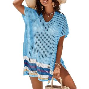 imageImily Bela Womens Crochet Swim Cover Up 2025 Swimsuits V Neck Swimwear Summer Bathing Suit Mesh Mini Dresses Beach ClothesSky Blue
