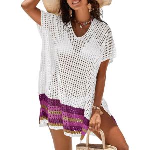 imageImily Bela Womens Crochet Swim Cover Up 2025 Swimsuits V Neck Swimwear Summer Bathing Suit Mesh Mini Dresses Beach ClothesWhite