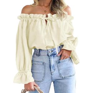 imageImily Bela Womens Off The Shoulder Tops Puff Long Sleeve Tie Front Loose Fit Ruffle Shirts BlousesApricot