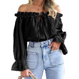 imageImily Bela Womens Off The Shoulder Tops Puff Long Sleeve Tie Front Loose Fit Ruffle Shirts BlousesBlack