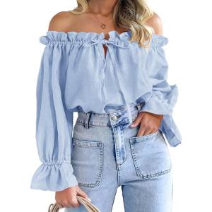 imageImily Bela Womens Off The Shoulder Tops Puff Long Sleeve Tie Front Loose Fit Ruffle Shirts BlousesBlue