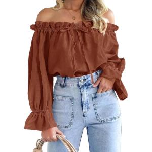 imageImily Bela Womens Off The Shoulder Tops Puff Long Sleeve Tie Front Loose Fit Ruffle Shirts BlousesBrick Red