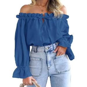 imageImily Bela Womens Off The Shoulder Tops Puff Long Sleeve Tie Front Loose Fit Ruffle Shirts BlousesNavy