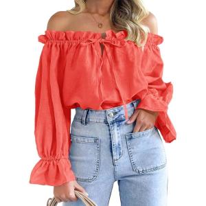 imageImily Bela Womens Off The Shoulder Tops Puff Long Sleeve Tie Front Loose Fit Ruffle Shirts BlousesOrange