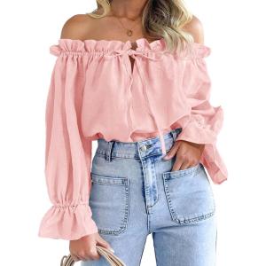 imageImily Bela Womens Off The Shoulder Tops Puff Long Sleeve Tie Front Loose Fit Ruffle Shirts BlousesPink