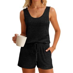 imageImily Bela Womens Pajama Sets 2 Piece Sleeveless Summer Pjs Ribbed Knit Tank Top and Shorts Cute Lounge SleepwearBlack