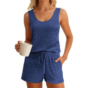 imageImily Bela Womens Pajama Sets 2 Piece Sleeveless Summer Pjs Ribbed Knit Tank Top and Shorts Cute Lounge SleepwearBlue