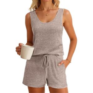 imageImily Bela Womens Pajama Sets 2 Piece Sleeveless Summer Pjs Ribbed Knit Tank Top and Shorts Cute Lounge SleepwearCamel