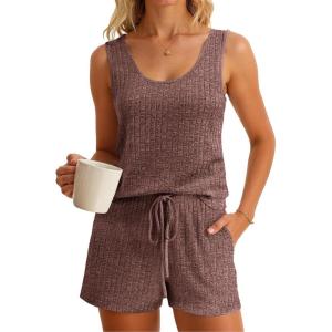 imageImily Bela Womens Pajama Sets 2 Piece Sleeveless Summer Pjs Ribbed Knit Tank Top and Shorts Cute Lounge SleepwearCoffee