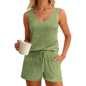imageImily Bela Womens Pajama Sets 2 Piece Sleeveless Summer Pjs Ribbed Knit Tank Top and Shorts Cute Lounge SleepwearGreen