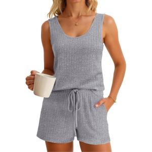 imageImily Bela Womens Pajama Sets 2 Piece Sleeveless Summer Pjs Ribbed Knit Tank Top and Shorts Cute Lounge SleepwearGrey