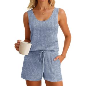 imageImily Bela Womens Pajama Sets 2 Piece Sleeveless Summer Pjs Ribbed Knit Tank Top and Shorts Cute Lounge SleepwearLight Blue