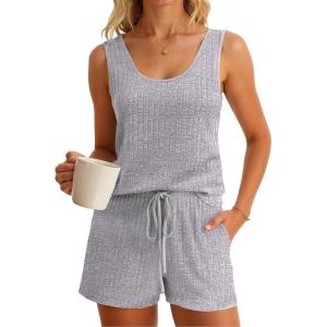 imageImily Bela Womens Pajama Sets 2 Piece Sleeveless Summer Pjs Ribbed Knit Tank Top and Shorts Cute Lounge SleepwearLight Grey