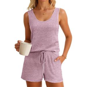 imageImily Bela Womens Pajama Sets 2 Piece Sleeveless Summer Pjs Ribbed Knit Tank Top and Shorts Cute Lounge SleepwearLight Pink