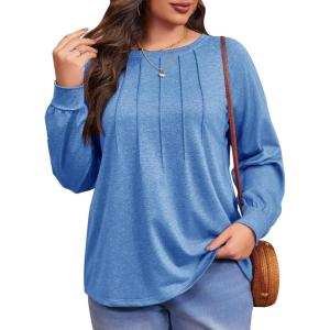 imageImily Bela Womens Plus Size Shirts Long Sleeve Dressy Casual Tops Blouses Fashion Pleated TunicsBlue