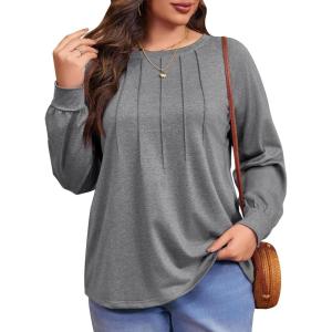 imageImily Bela Womens Plus Size Shirts Long Sleeve Dressy Casual Tops Blouses Fashion Pleated TunicsGrey