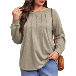 imageImily Bela Womens Plus Size Shirts Long Sleeve Dressy Casual Tops Blouses Fashion Pleated TunicsKhaki