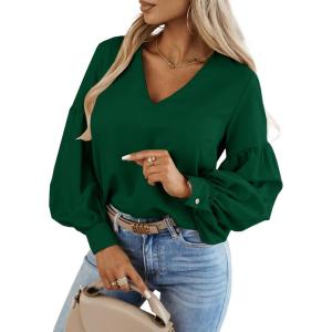 imageImily Bela Womens V Neck Blouses Dressy Work Casual Long Lantern Sleeve Chiffon Shirts Tops