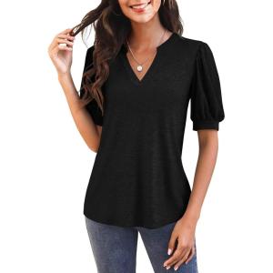 imageImily Bela Womens V Neck T Shirts Casual Puff Sleeve Loose Dressy Blouses Summer TopsBlack