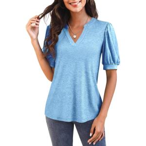 imageImily Bela Womens V Neck T Shirts Casual Puff Sleeve Loose Dressy Blouses Summer TopsBlue
