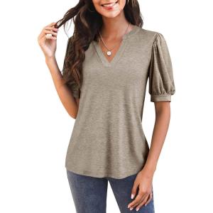 imageImily Bela Womens V Neck T Shirts Casual Puff Sleeve Loose Dressy Blouses Summer TopsCamel