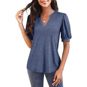 imageImily Bela Womens V Neck T Shirts Casual Puff Sleeve Loose Dressy Blouses Summer TopsDirty Blue
