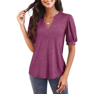 imageImily Bela Womens V Neck T Shirts Casual Puff Sleeve Loose Dressy Blouses Summer TopsFuchsia