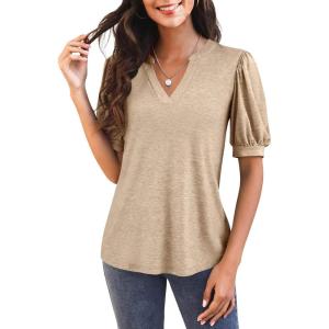 imageImily Bela Womens V Neck T Shirts Casual Puff Sleeve Loose Dressy Blouses Summer TopsKhaki